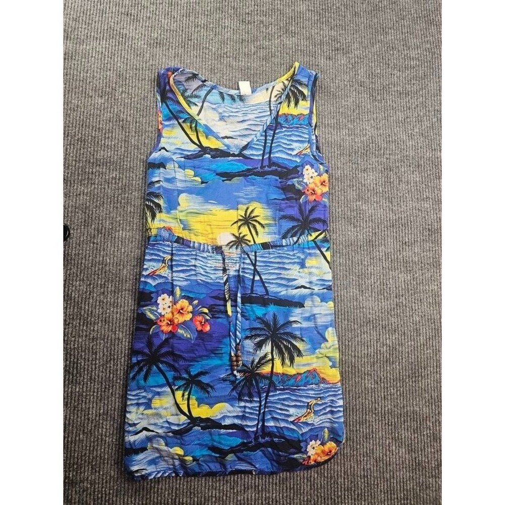 Palmwave Hawaii Womens Tank Dress Blue Hawaiian Print Sleeveless Medium